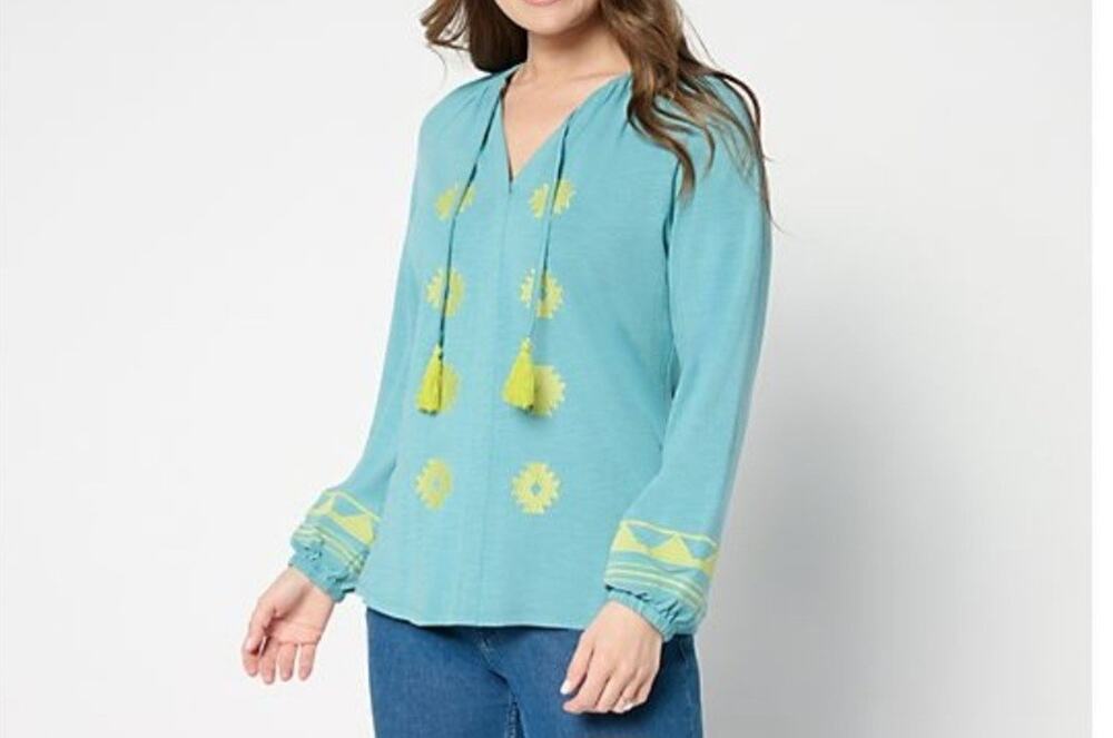 Belle Boho Kim Gravel Size S Blue Slub Knit Embroidered Peasant Top A697853 NWOT